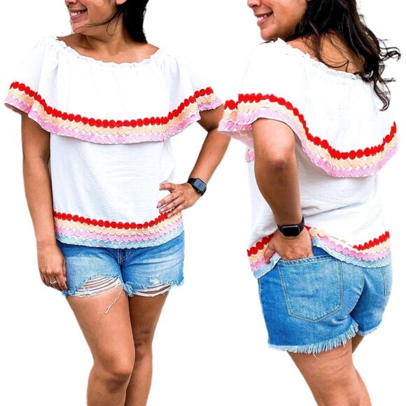 Morgan Claire Multi White Off Shoulder Ric-Rac Trimmed Ruffled Tiered Top Size S - Picture 2 of 10